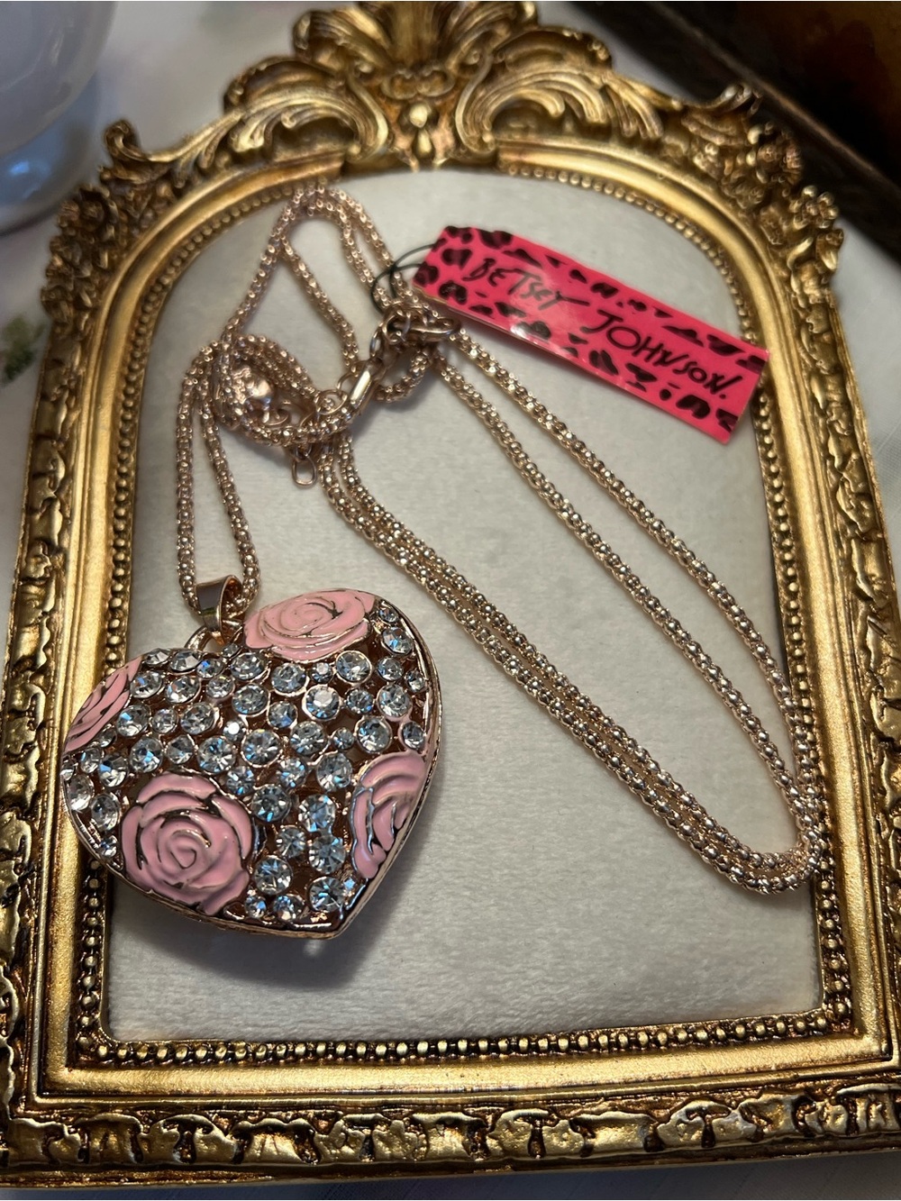 Betsey Johnson Rose-Accented Pink Crystal Heart Necklace